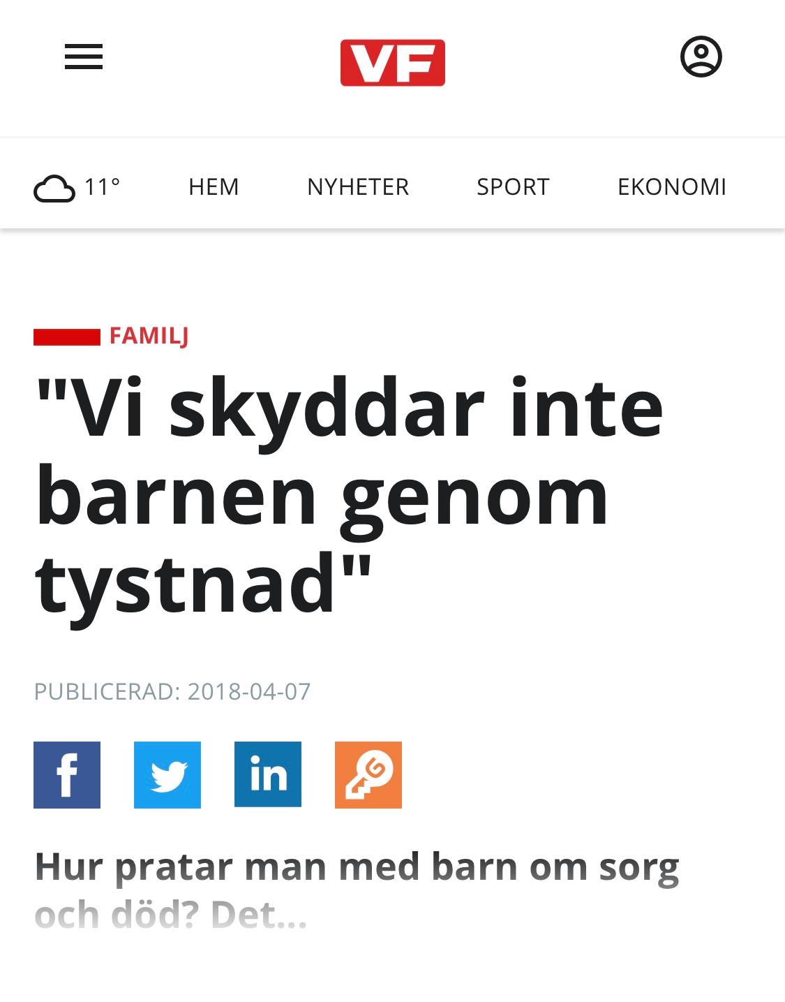 Skärmdump: vf.se artikel "Vi skyddar inte barnen genom tystnad".